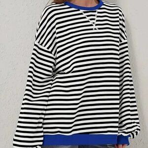 Black & Blue Contrast Striped Crewneck Top Sweater
